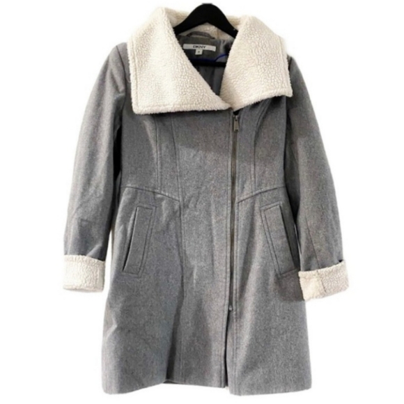 Dkny Wool-Blend Faux Fur Trim Collar Coat - Picture 3 of 16